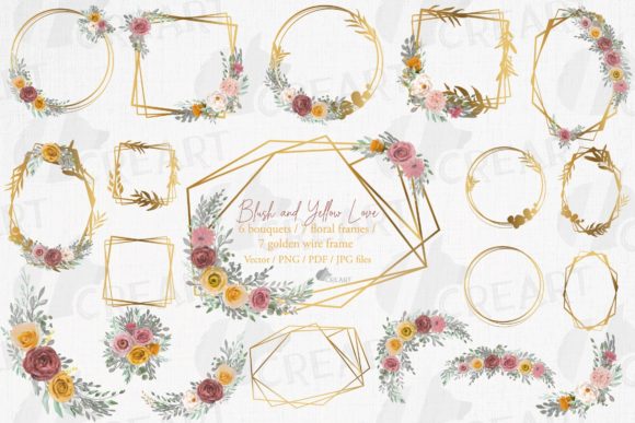 Blush and Yellow Roses with Golden Frame Graphics