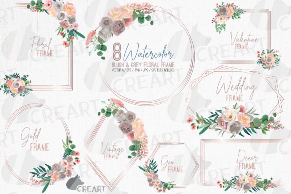 Blush Grey Flowers Rose Gold Frames: Graphics for Print Templates