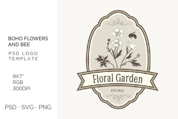Boho Flower and Bee, PSD DIY Logo
