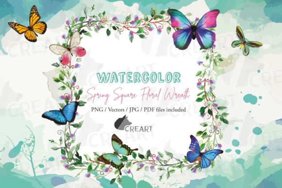 Butterfly and Floral Square Wreath Decor: Graphics for Print Templates