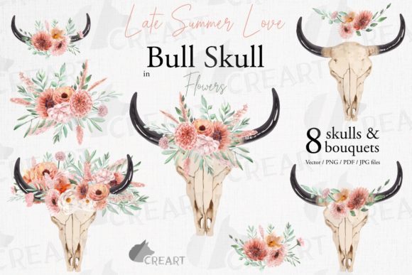 Coral and Blush Pink Floral Bull Skull Graphics
