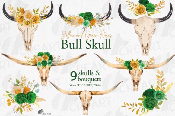 Green Yellow Roses Bull Skull Decor: Graphics & Print Templates
