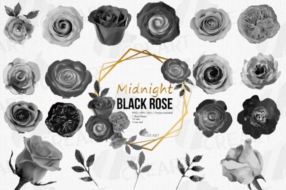 Midnight Black Roses Watercolour Clipart: Graphics for Print Templates