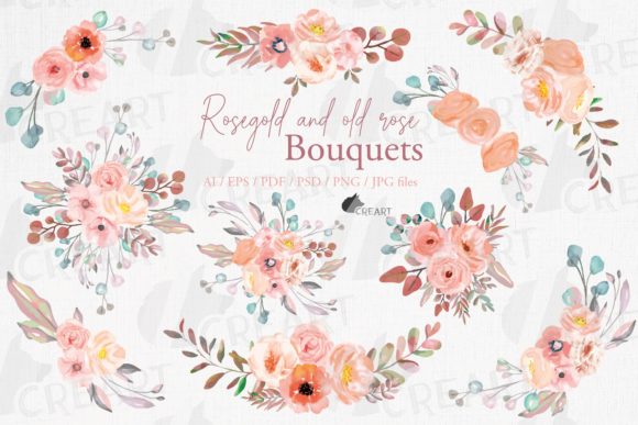 Old Rose Pink Flower Bouquets Collection: Graphics & Print Templates