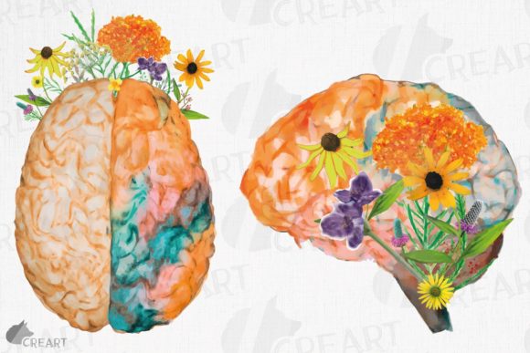 Prairie Flower Blooming Anatomical Brain: Graphics for Print Templates