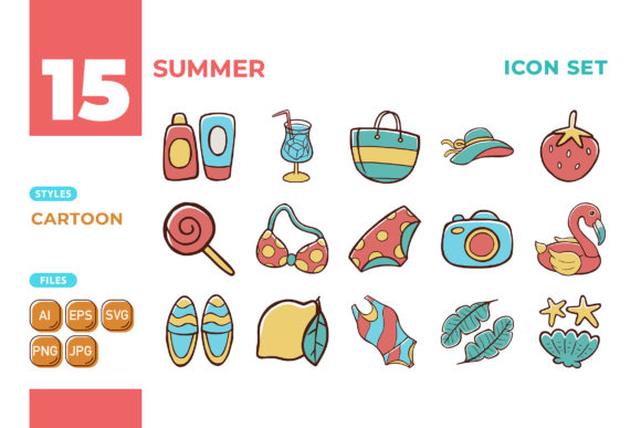 Summer Icon Set Cartoon Style 02