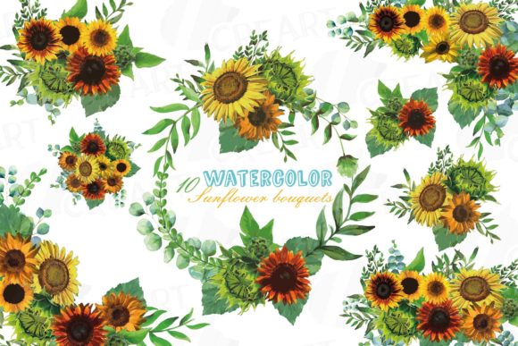 Sunflower Bouquets Watercolour Clip Art: Graphics for Print Templates