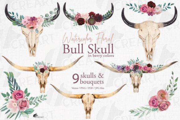 Vivid Floral Bull Skull with Bouquets Graphics
