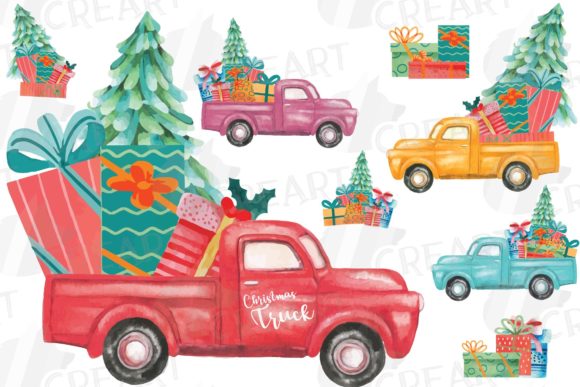 Watercolor Holiday Pine Truck Clip Art: Graphics for Print Templates