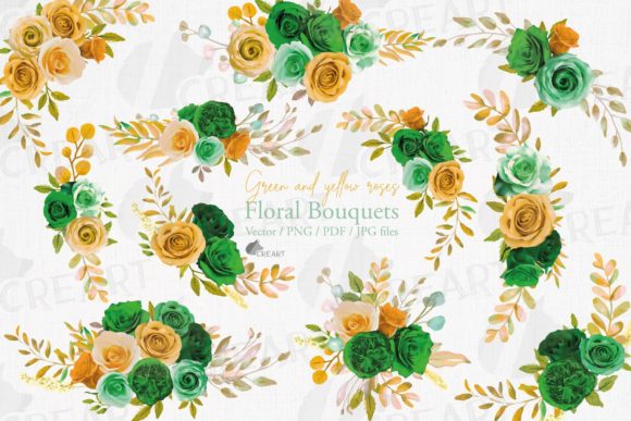 Watercolor Yellow Green Rose Bouquets Graphics