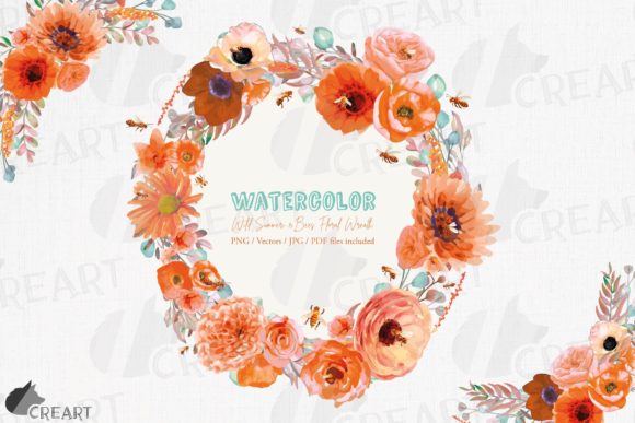 Watercolour Orange Flower Wreath Bees Graphics and Print Templates
