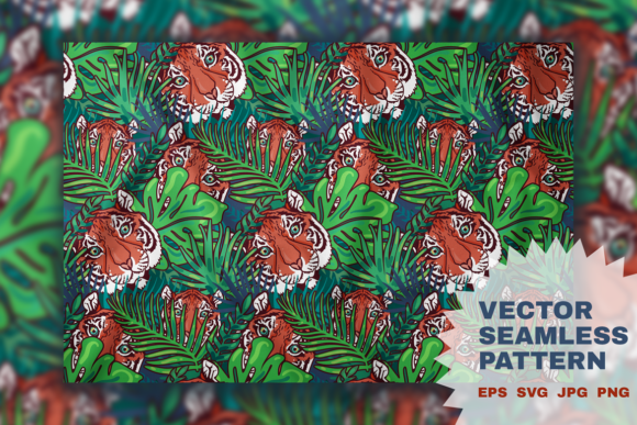 Wild Tiger in Leaves Seamless Pattern Graphics
